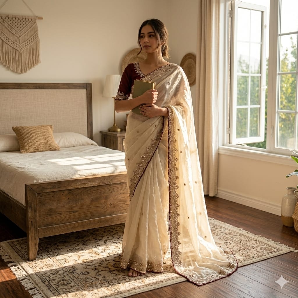 Grand party wear saree in original gold beeds work