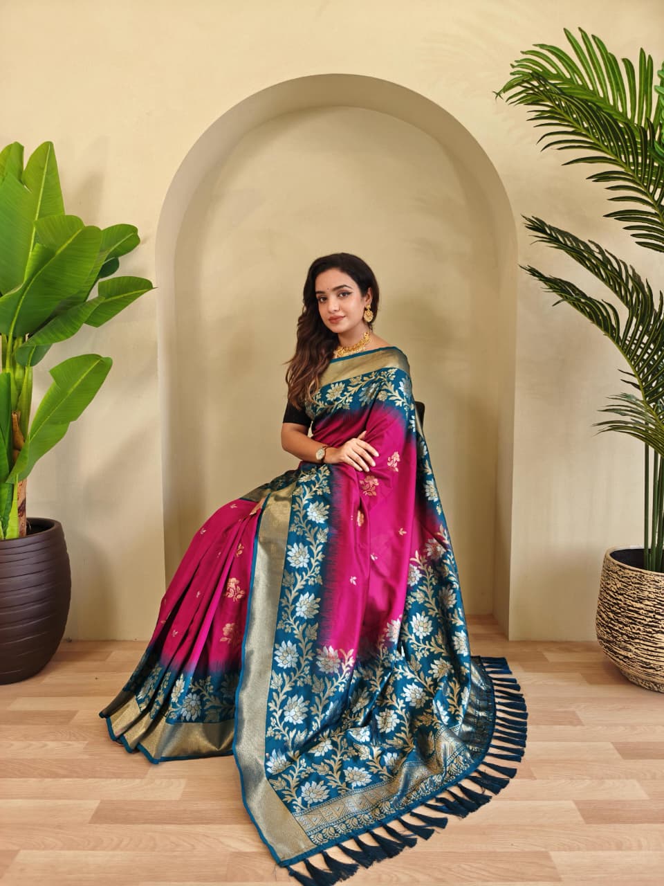 Dual tone silk sarees with all over zari weaves