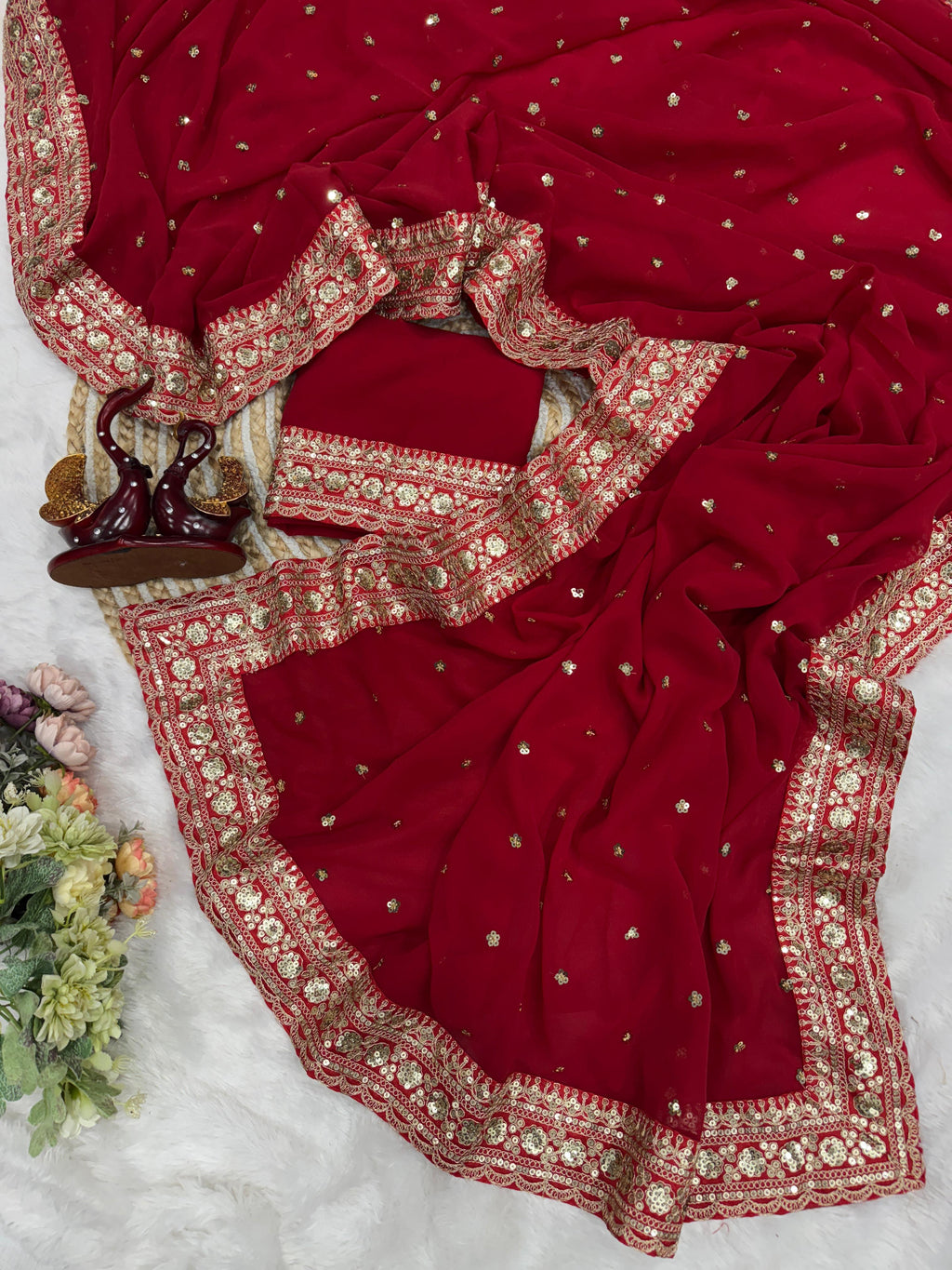 Pure Georgette Sequence Red Saree