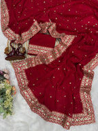 Pure Georgette Sequence Red Saree