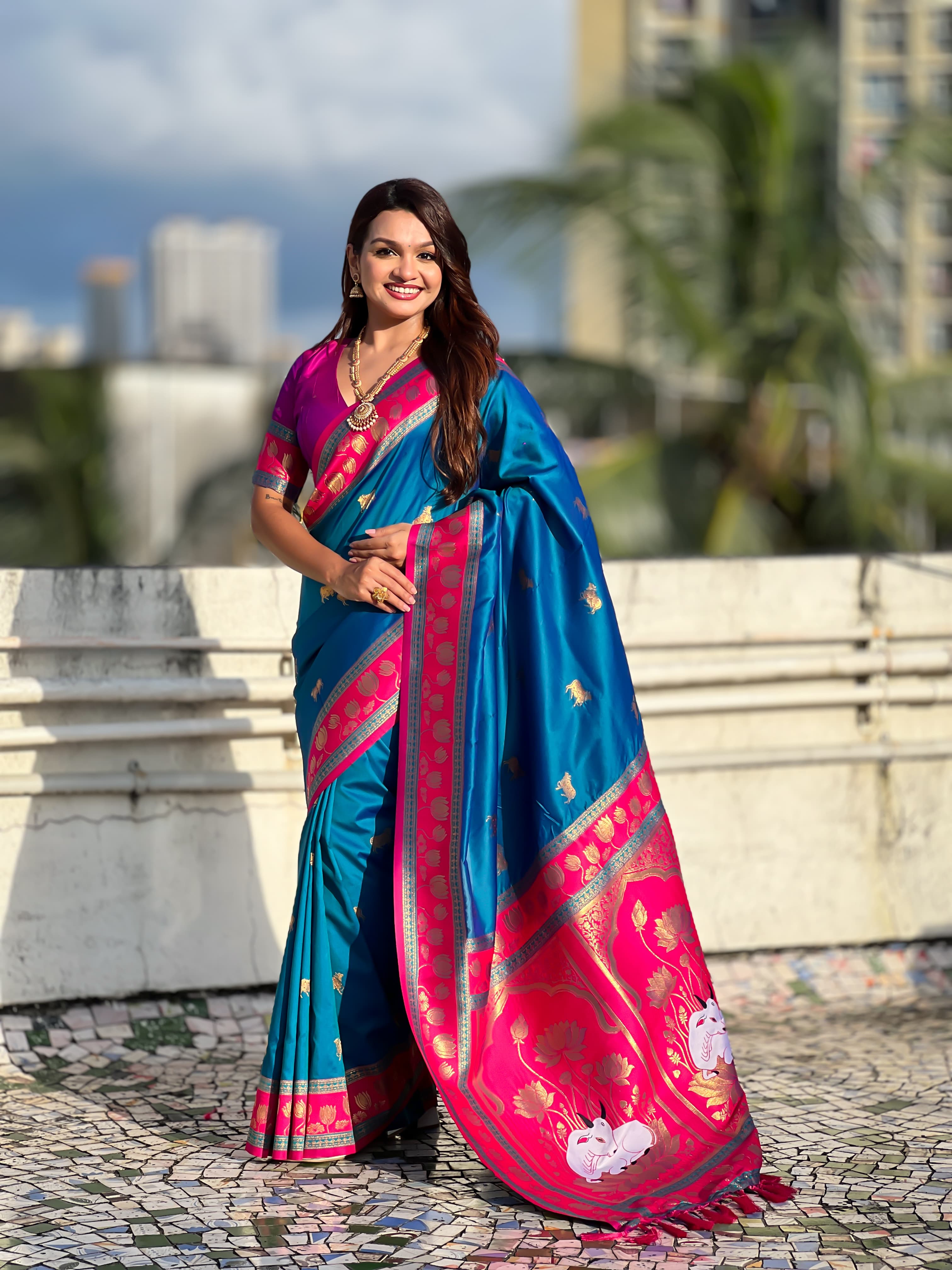 Soft Silk Paithani Saree With Cow nanadi motifs