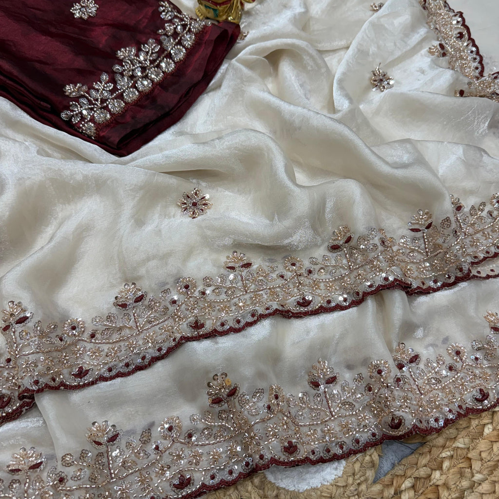 Grand party wear saree in original gold beeds work
