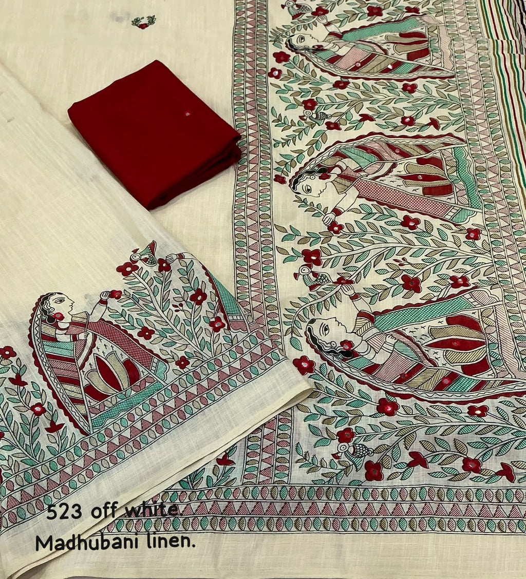 Soft Linen Saree With Madhubani Prints.