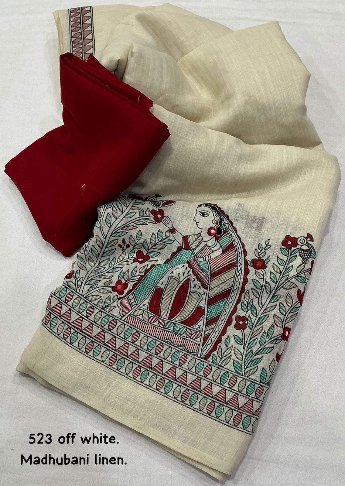 Soft Linen Saree With Madhubani Prints.