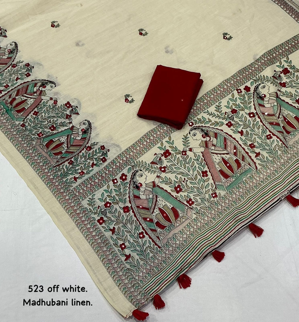 Soft Linen Saree With Madhubani Prints.