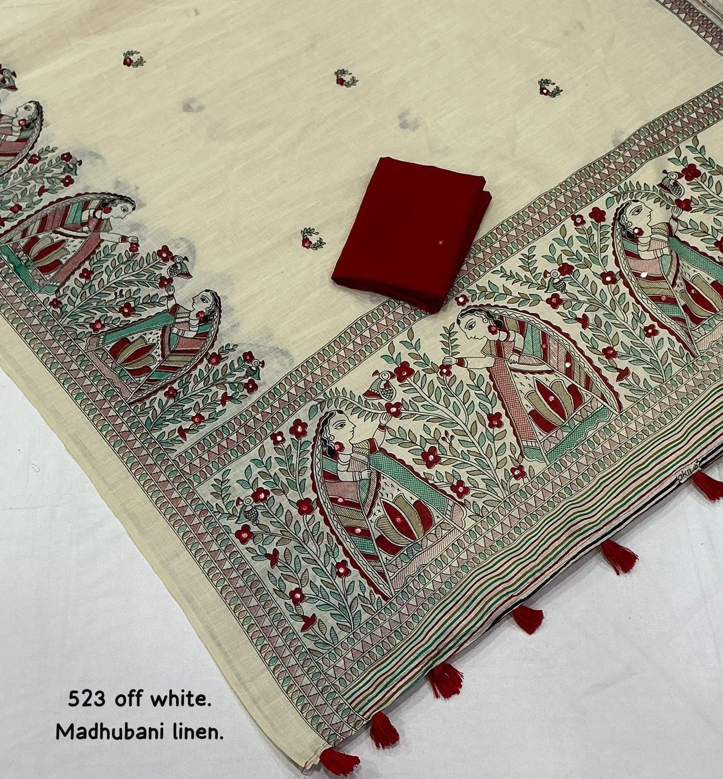 Soft Linen Saree With Madhubani Prints.