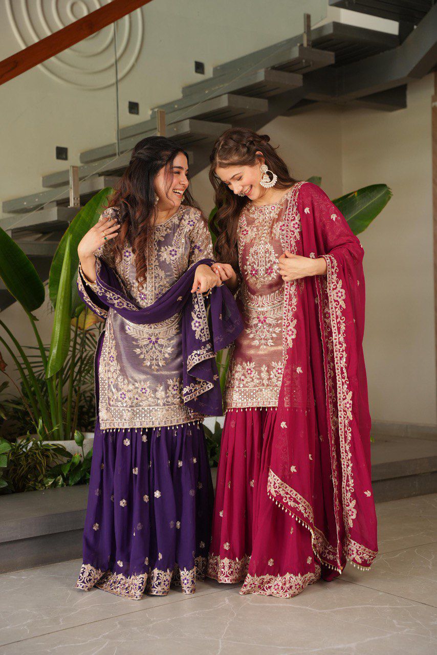 Designer Embroidered Top Plazzo Dupatta Set Collection