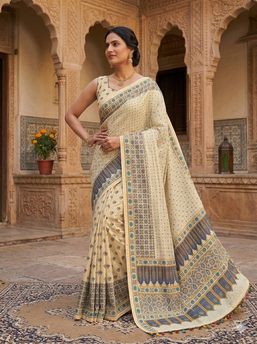 Viral Ajrak Mirror Work Saree