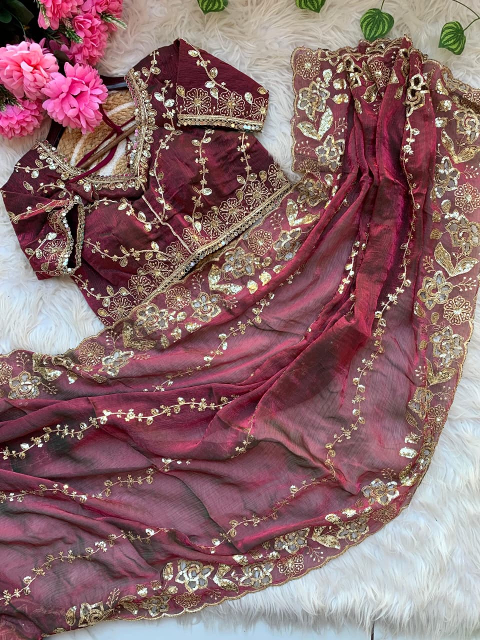 Fendy Chiffon Fabric  Beautiful Embroidery Wedding Saree