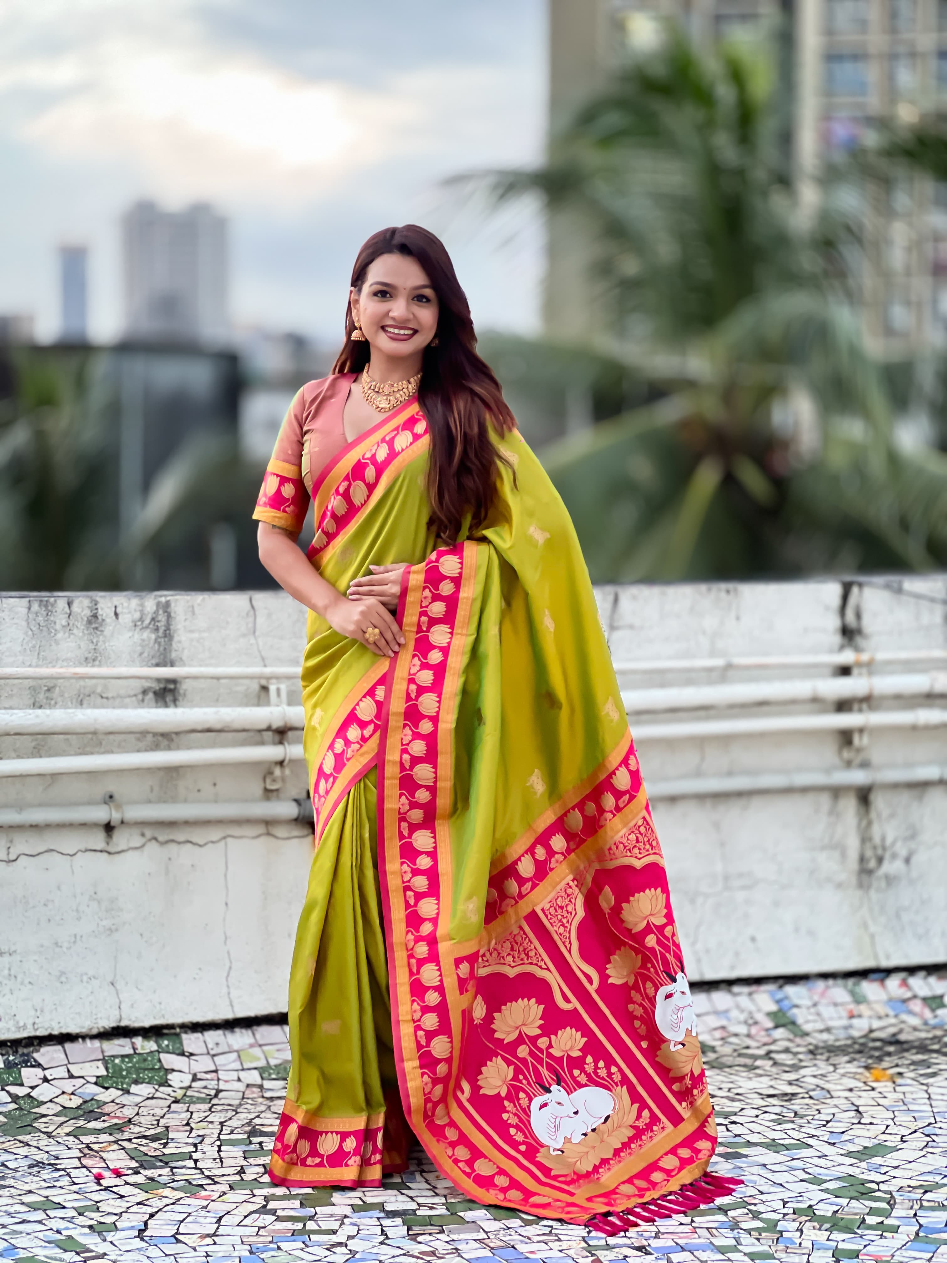 Soft Silk Paithani Saree With Cow nanadi motifs