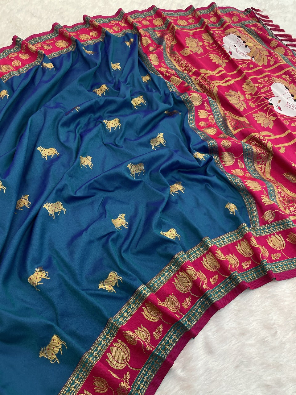 Soft Silk Paithani Saree With Cow nanadi motifs