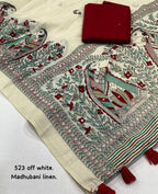 Soft Linen Saree With Madhubani Prints.