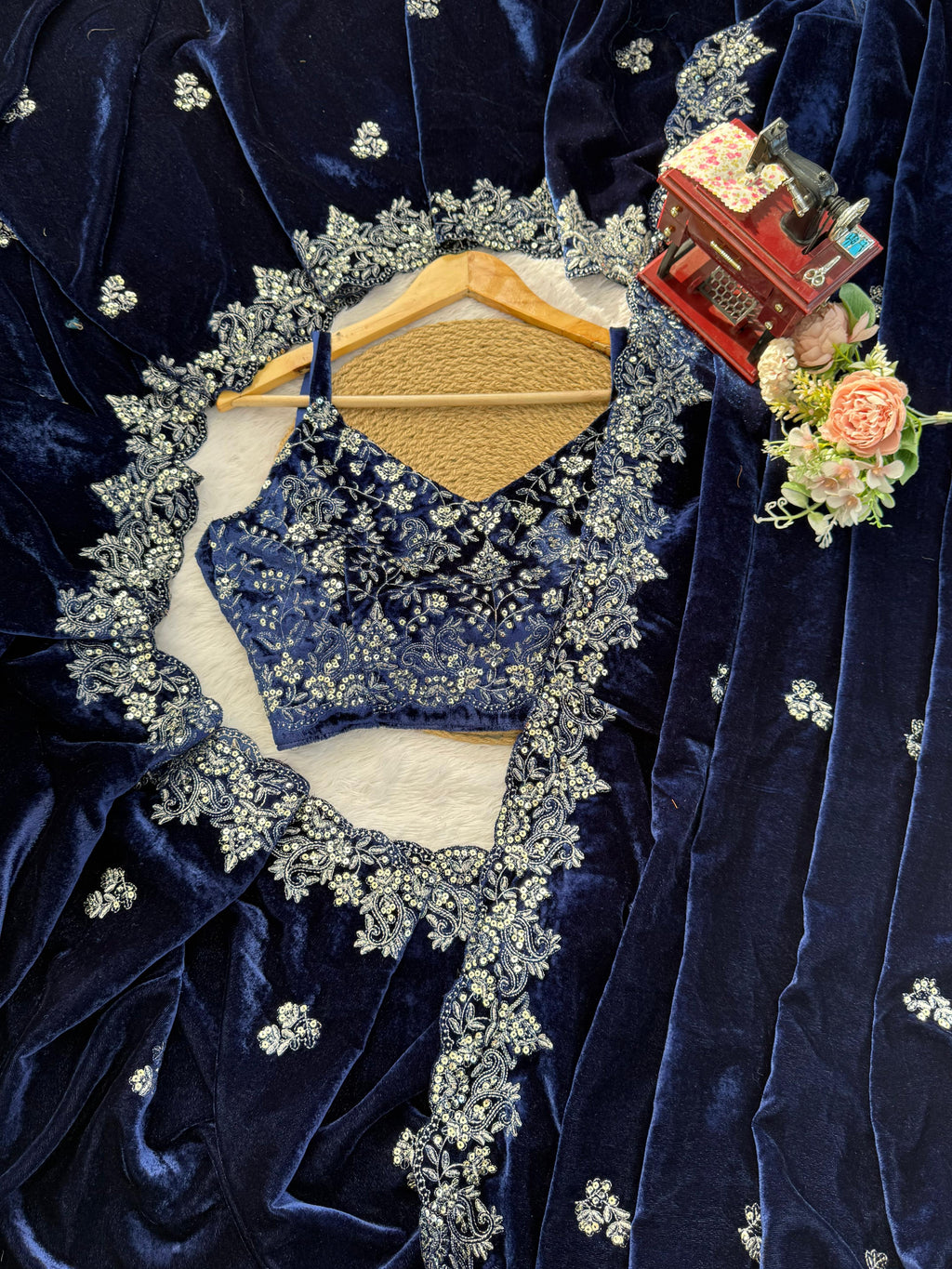 Viscose Velvet Nevy Blue Wedding Saree