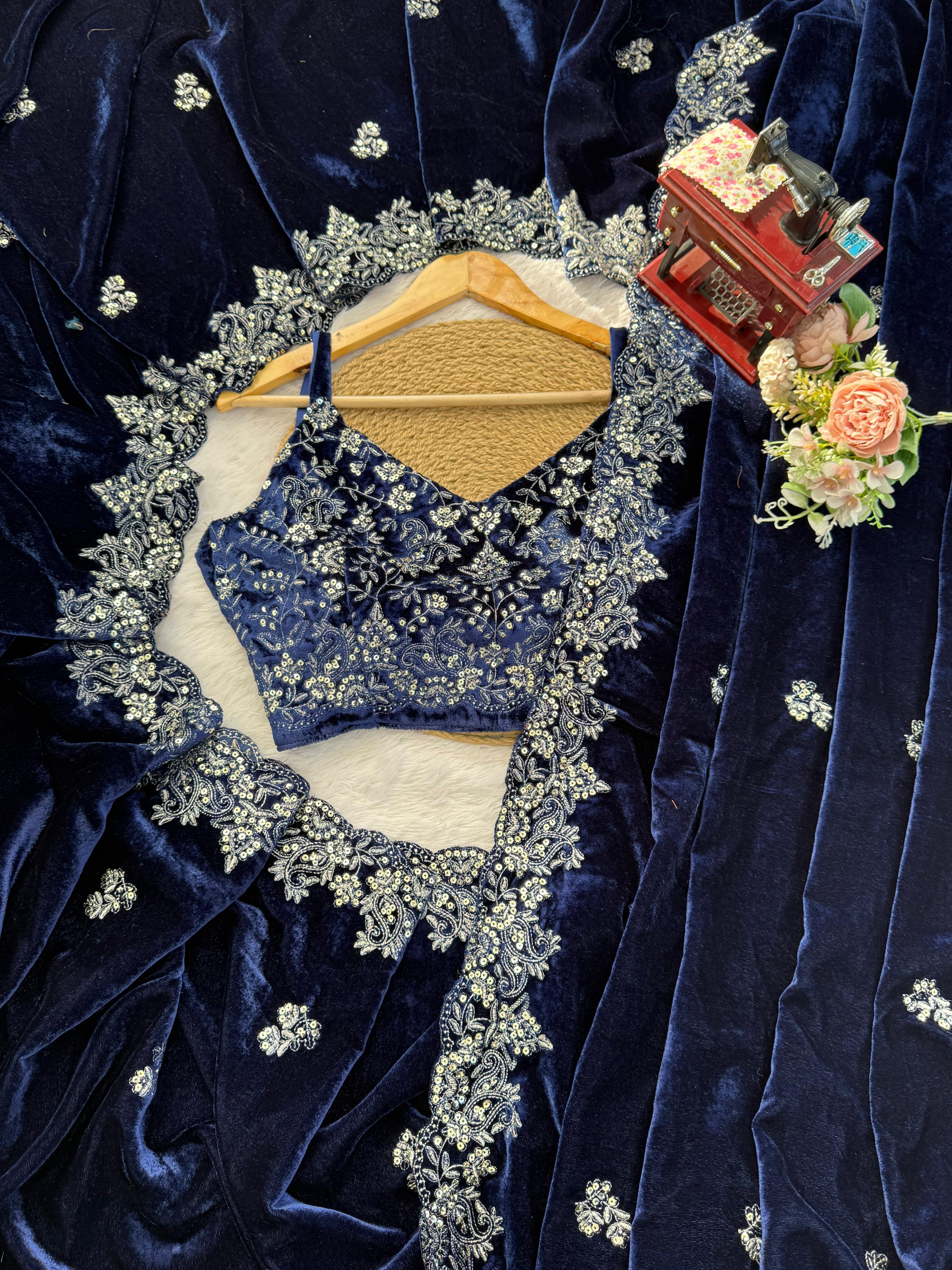 Viscose Velvet Nevy Blue Wedding Saree
