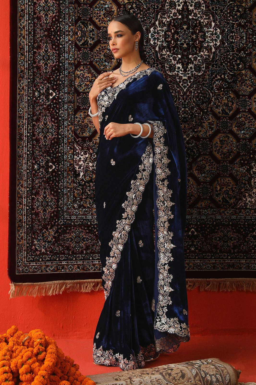 Viscose Velvet Nevy Blue Wedding Saree
