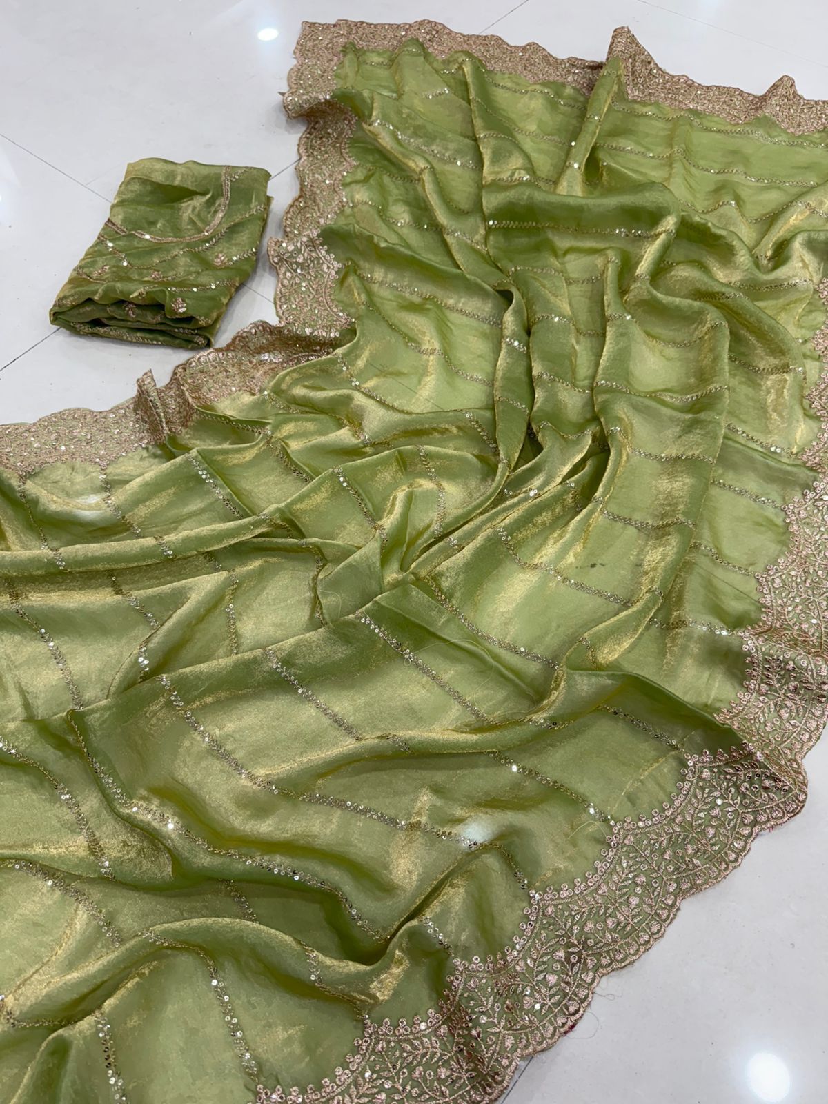Space Sattin Muti Sequence Emrodairy Work Saree