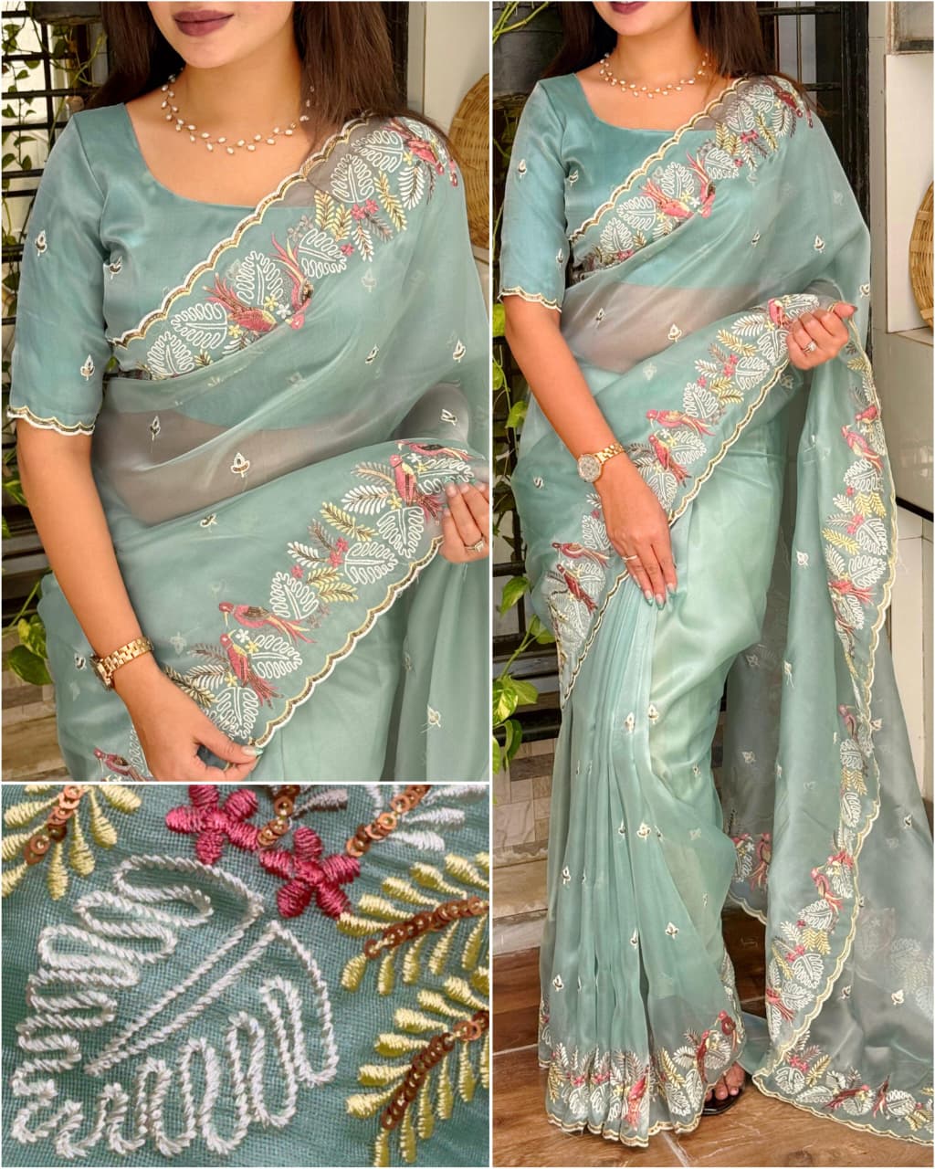 Panchi Leno Net Organza Saree