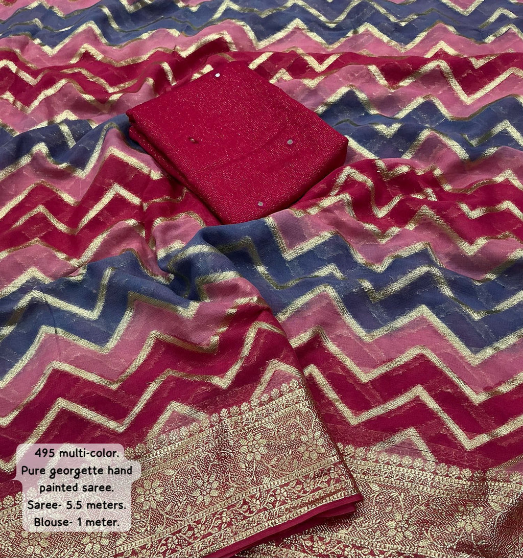 Pure georgette saree with zari woven zig zag