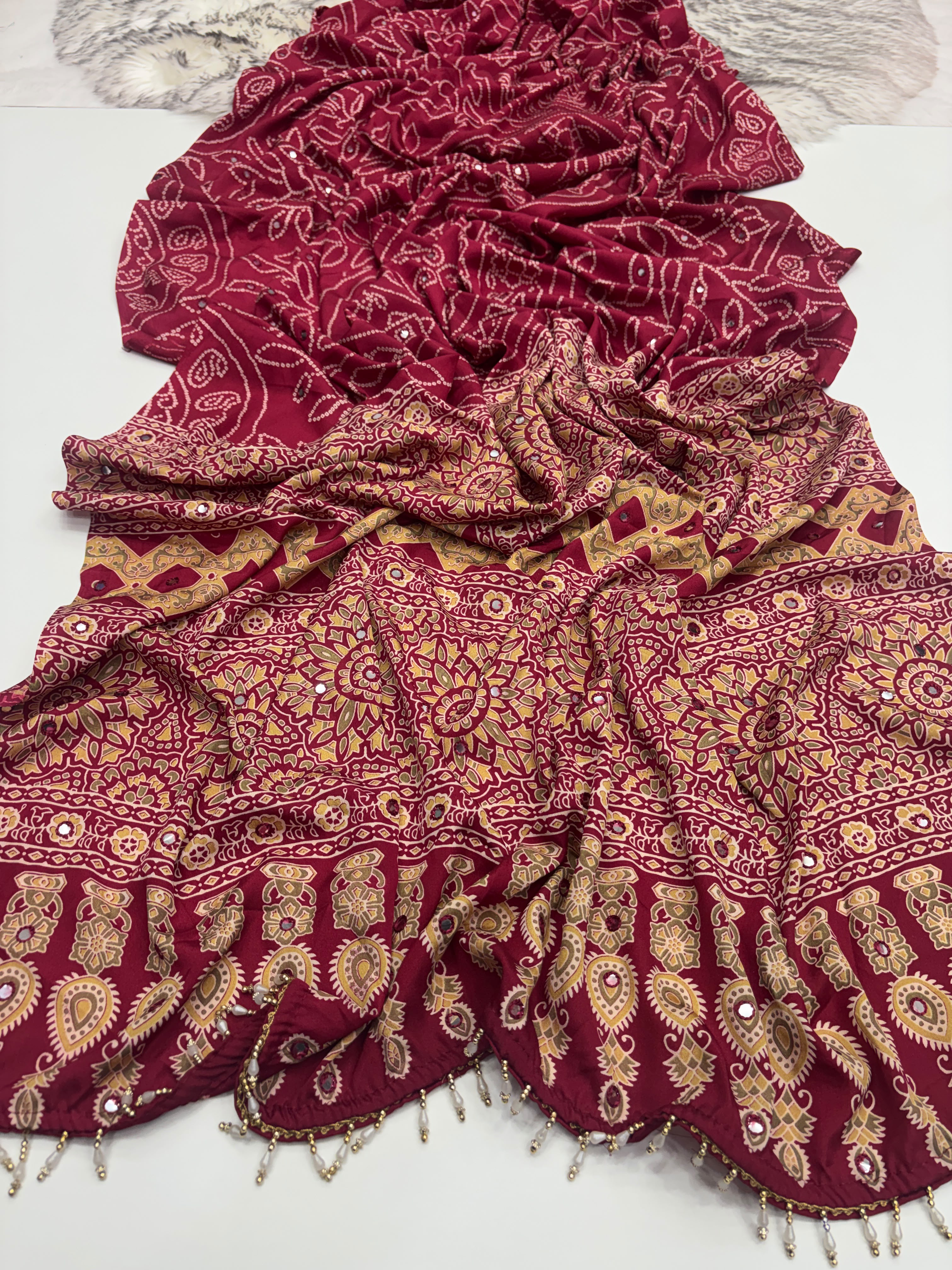Mirror Work Treding Satin Saree