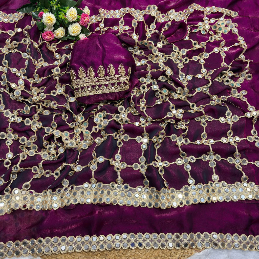 Wedding Fendy Silk Fabric with Real Mirror work Saree