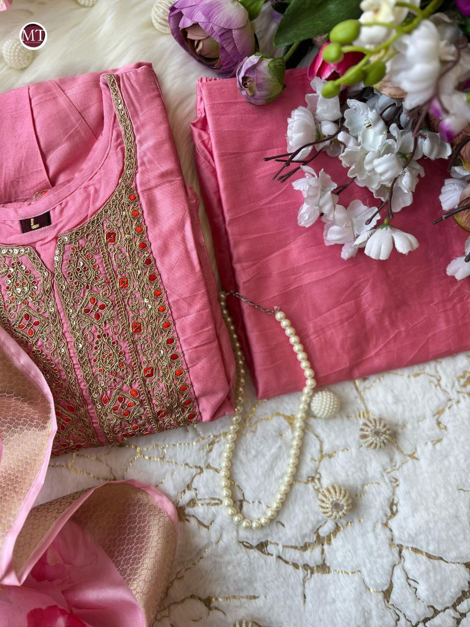 Anarkali Flared Pink Kurti Pant Dupatta Set
