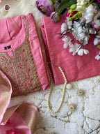 Anarkali Flared Pink Kurti Pant Dupatta Set