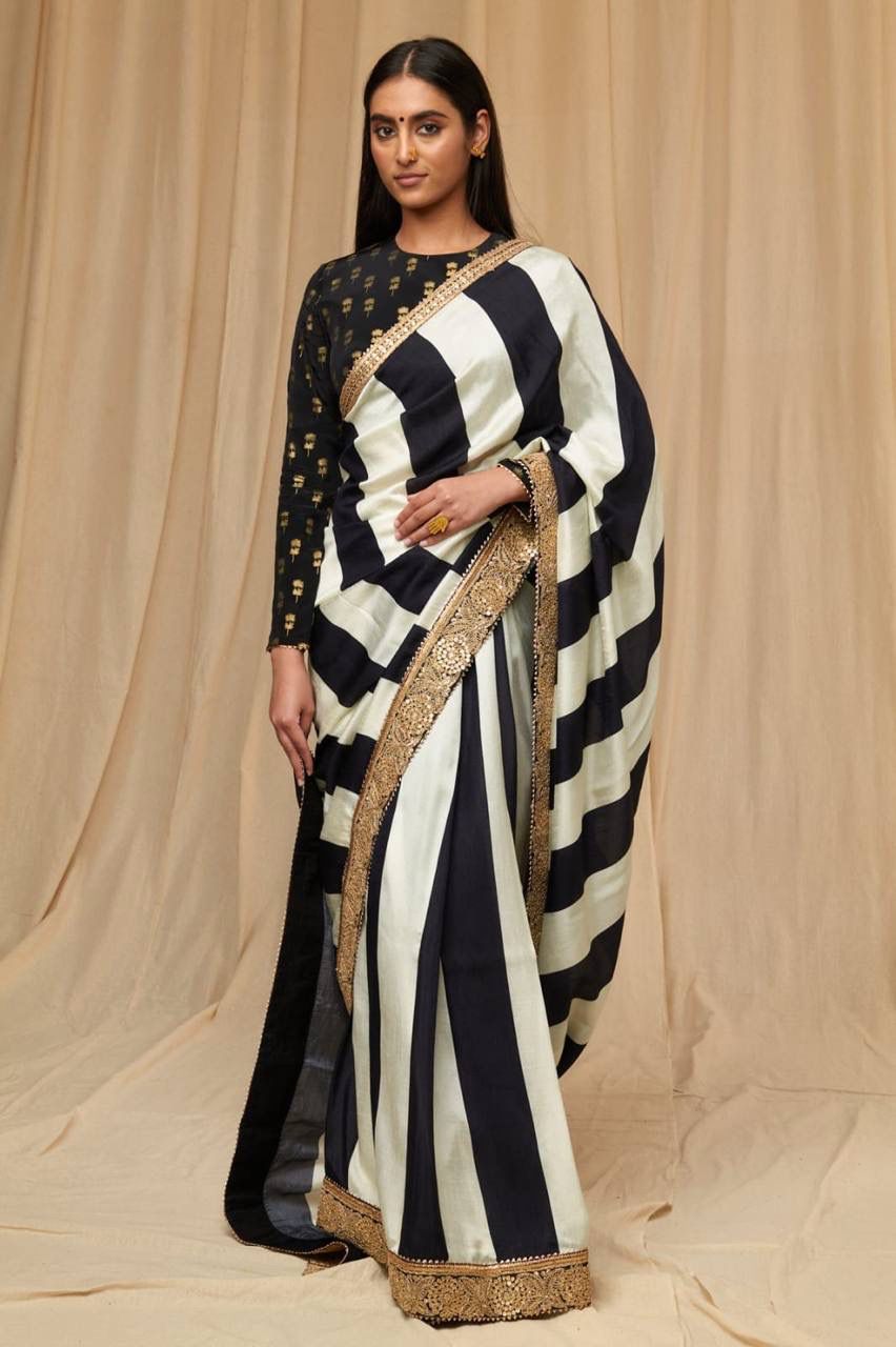 Faux Georgette Black and White Saree