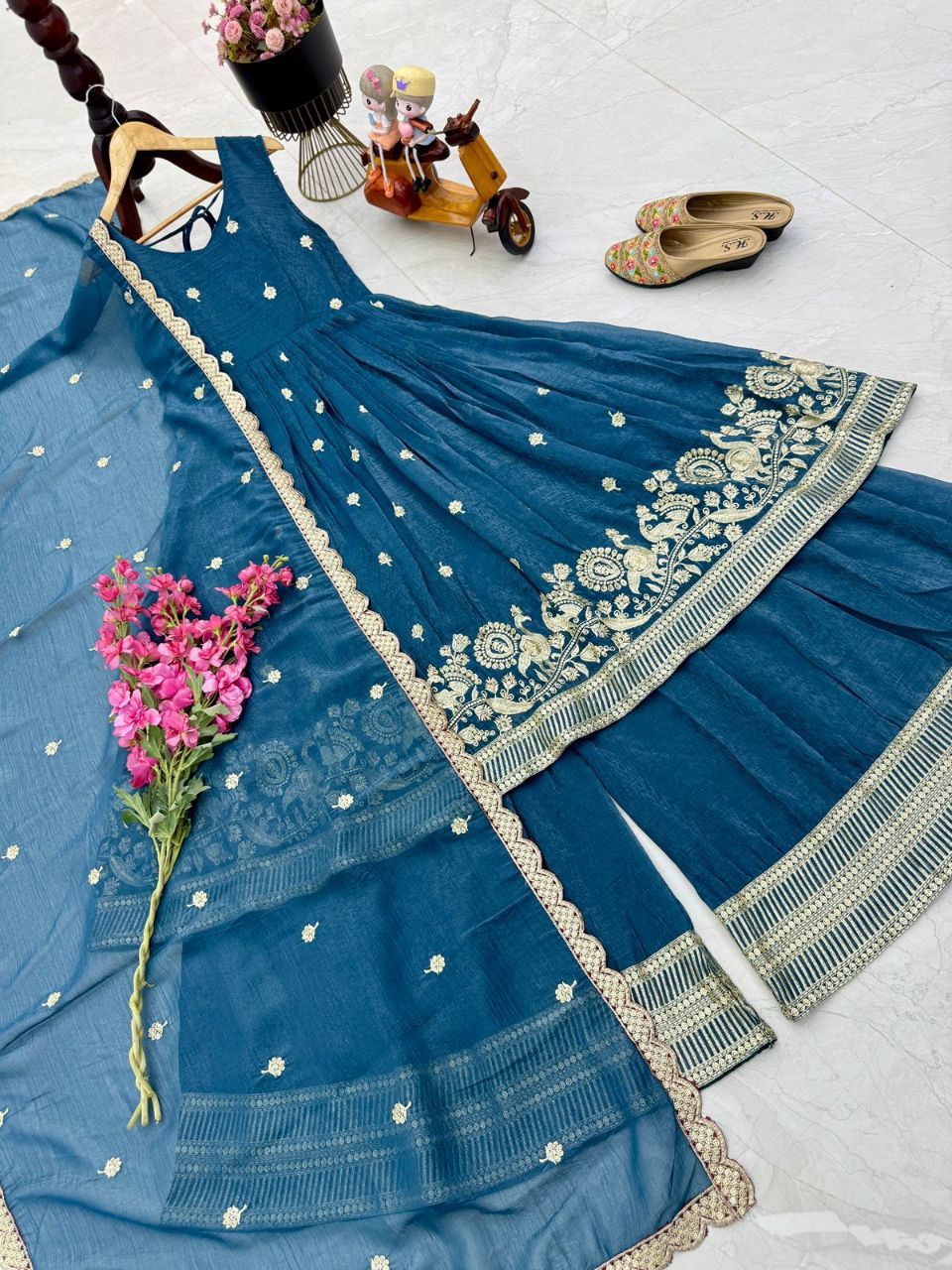 Gold Crazy Embroidery Siqunce Top Plazzo