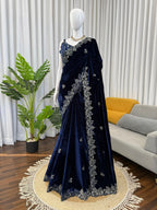 Viscose Velvet Nevy Blue Wedding Saree