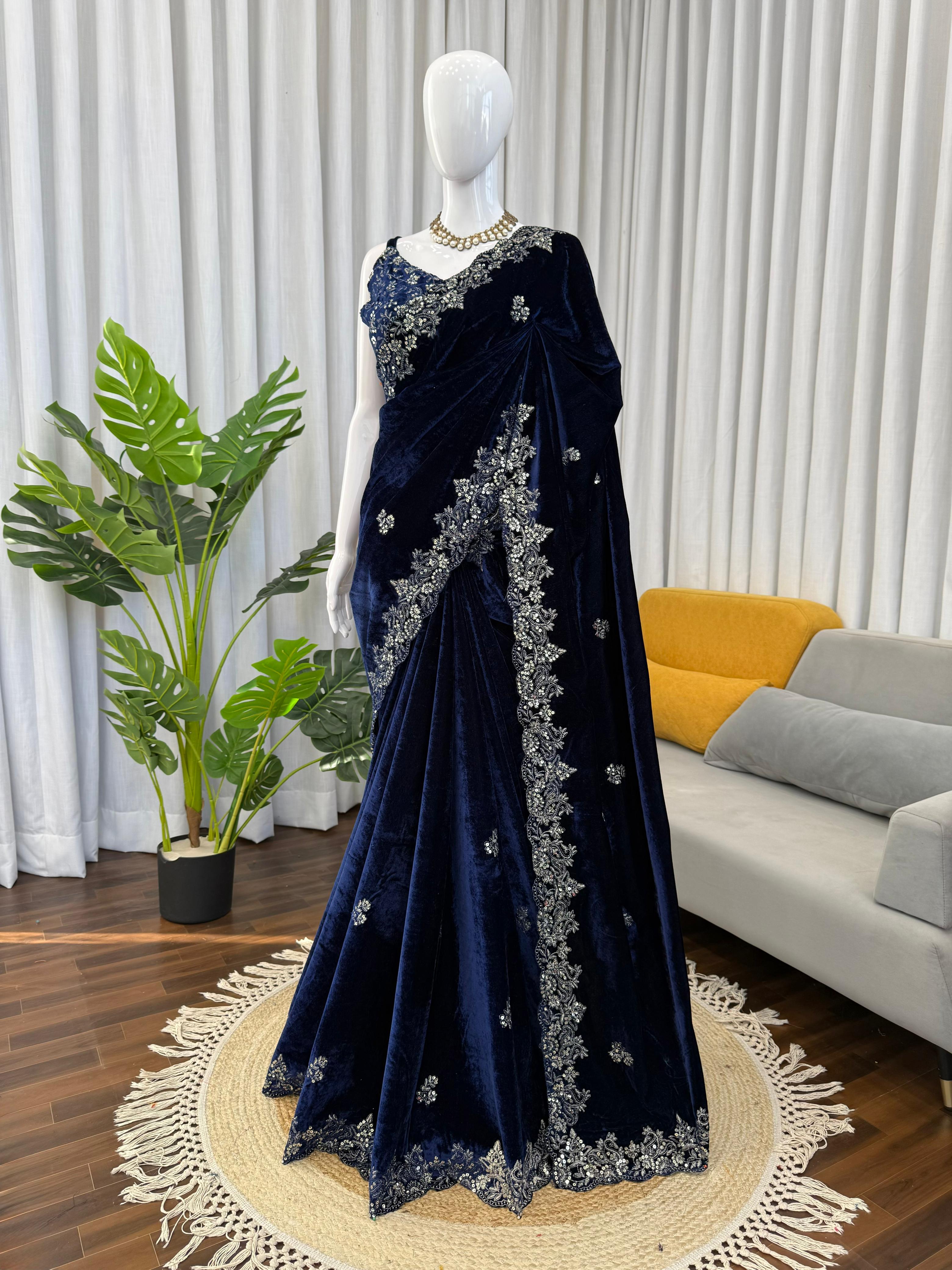 Viscose Velvet Nevy Blue Wedding Saree
