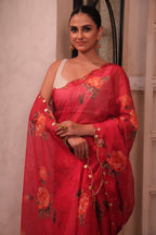 Pure Soft Red Tebby Silk Saree