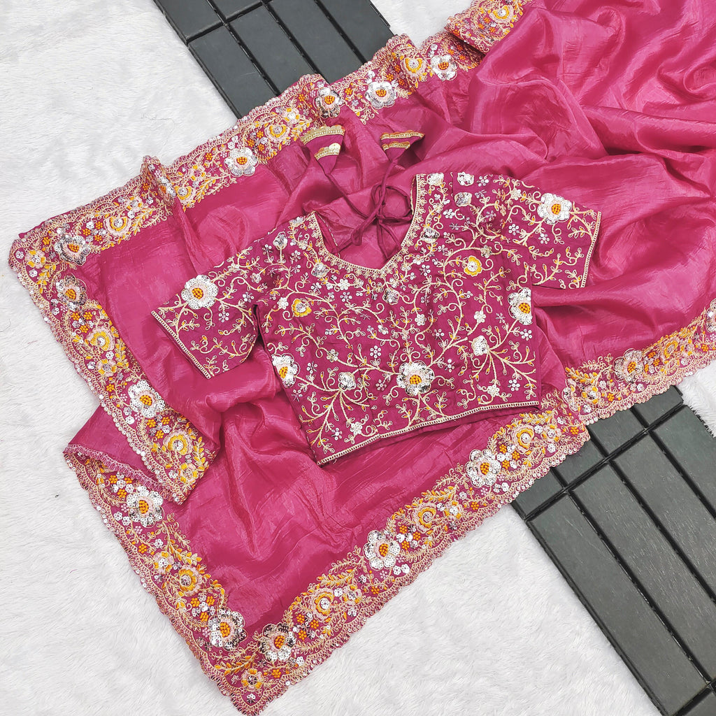 Premium Gold Crush Pink Saree