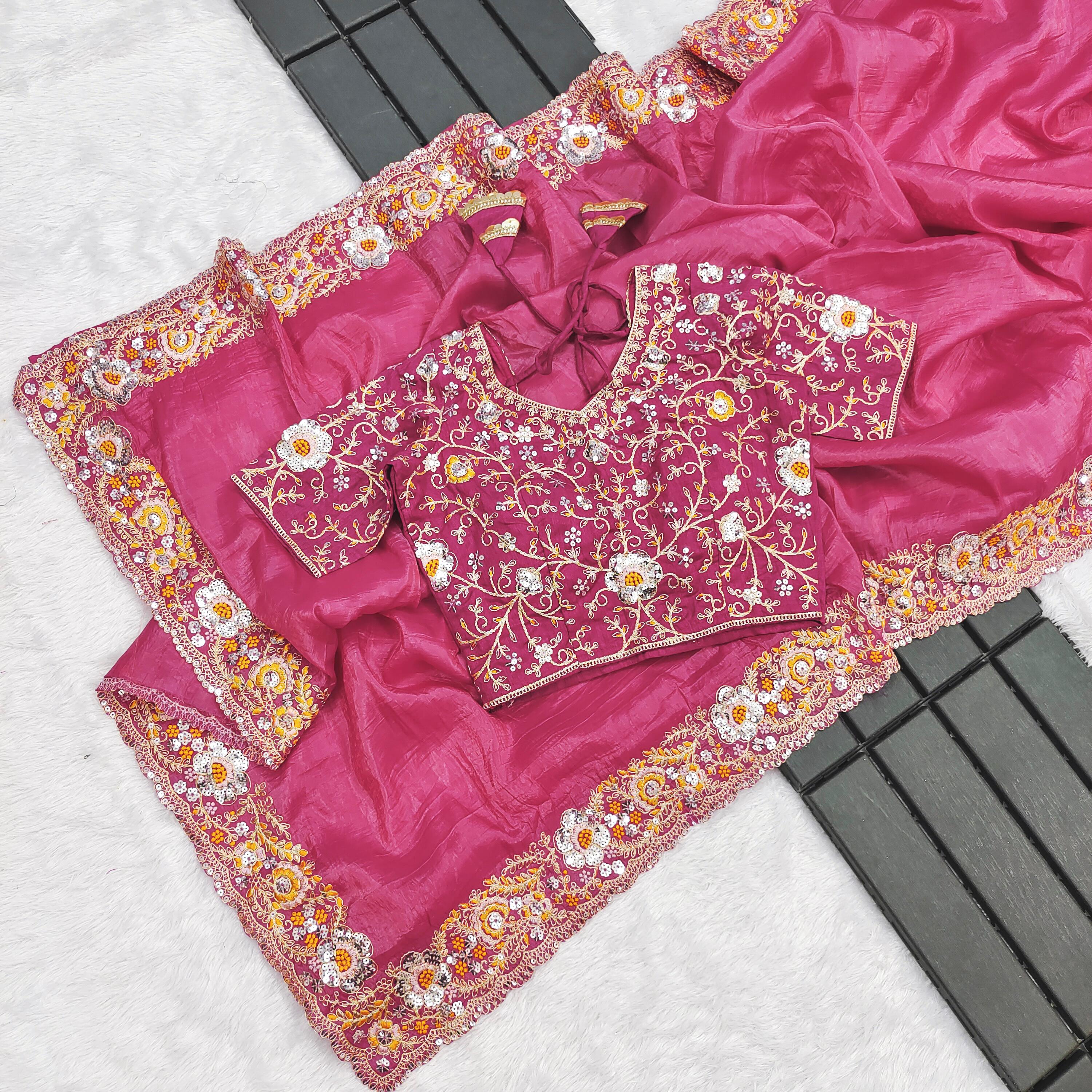 Premium Gold Crush Pink Saree