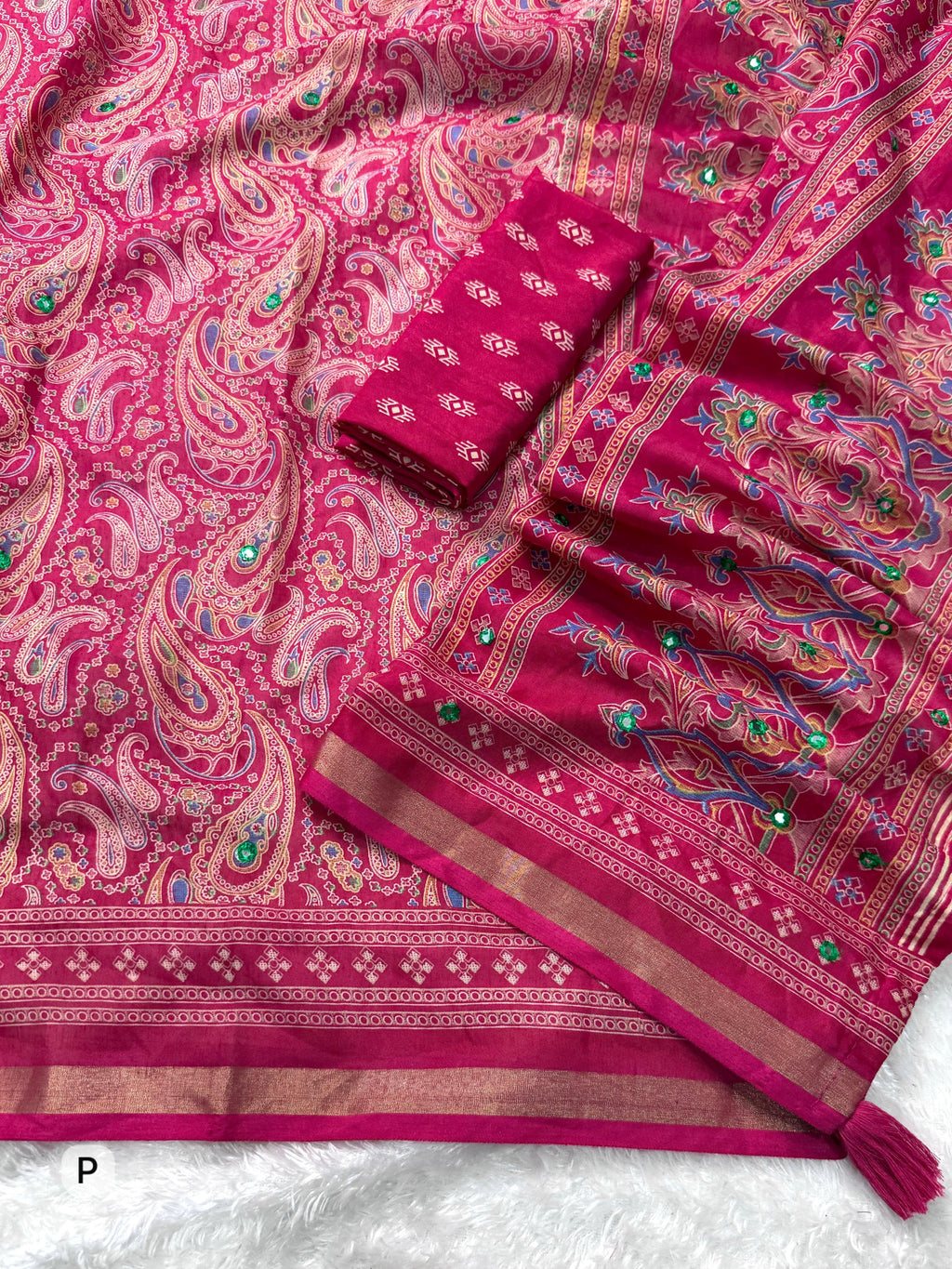 Ajrakh Print Mirror Work Saree