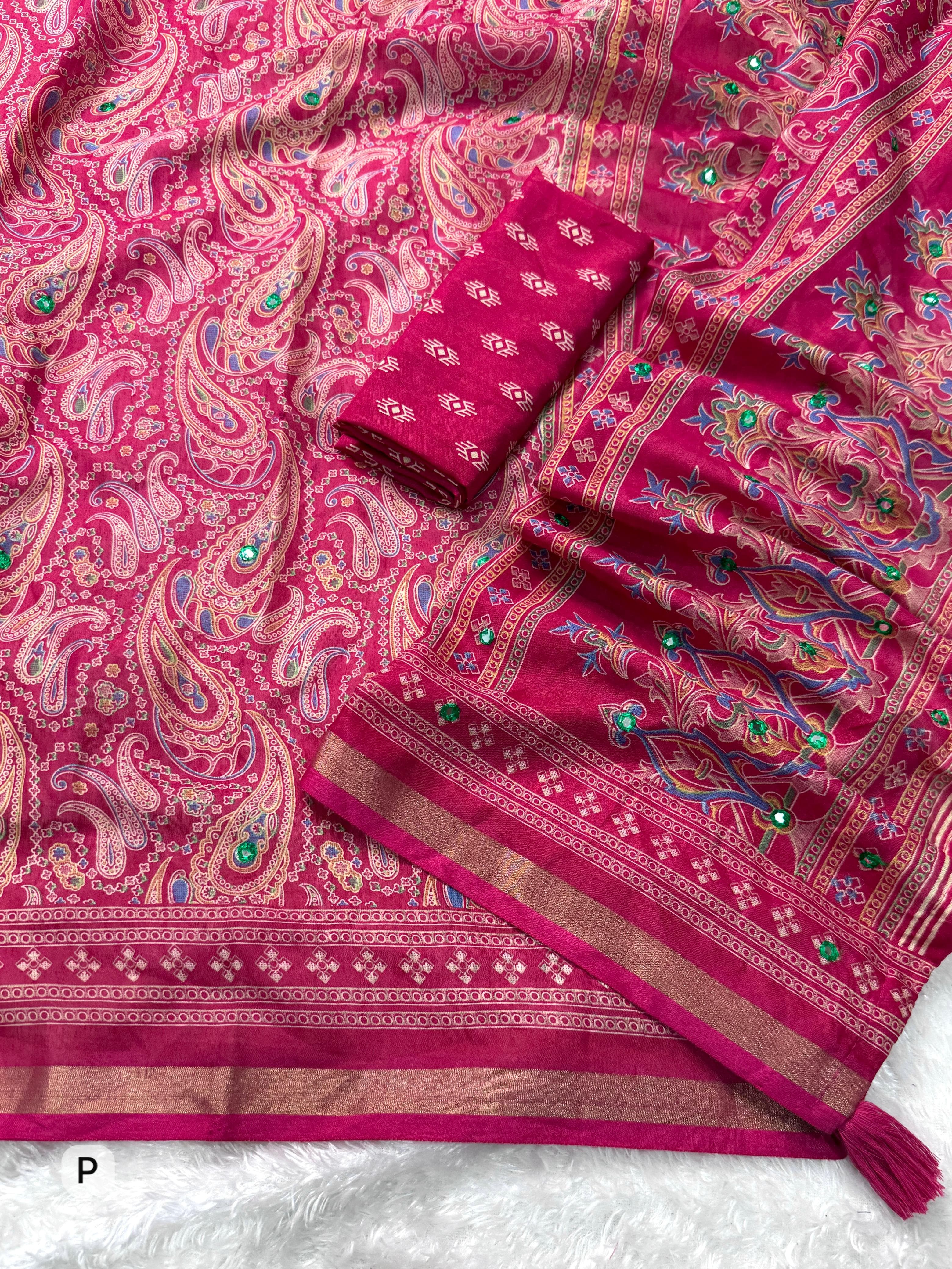 Ajrakh Print Mirror Work Saree
