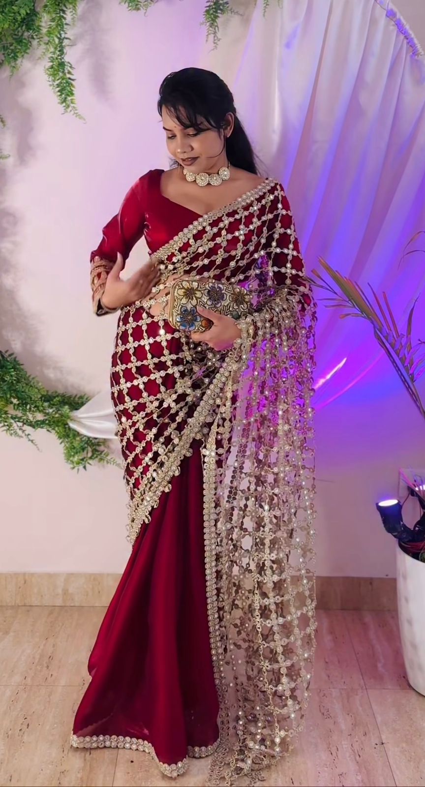 Wedding Fendy Silk Fabric with Real Mirror work Saree