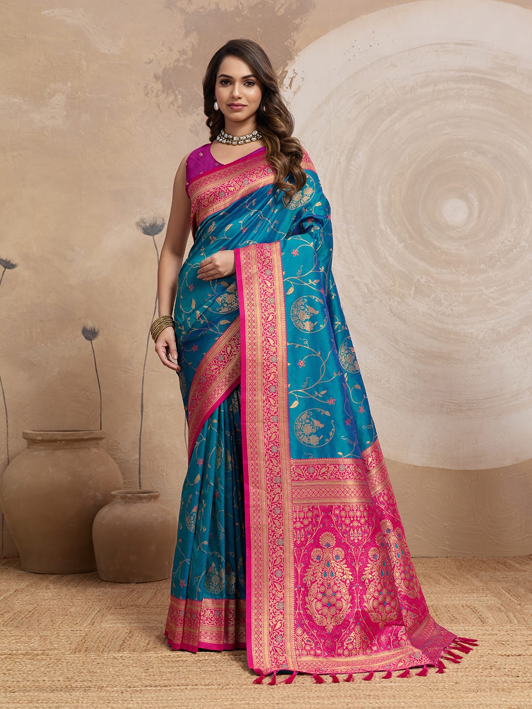 Banarasi Silk Sarees With Flower Meenakari Jaal