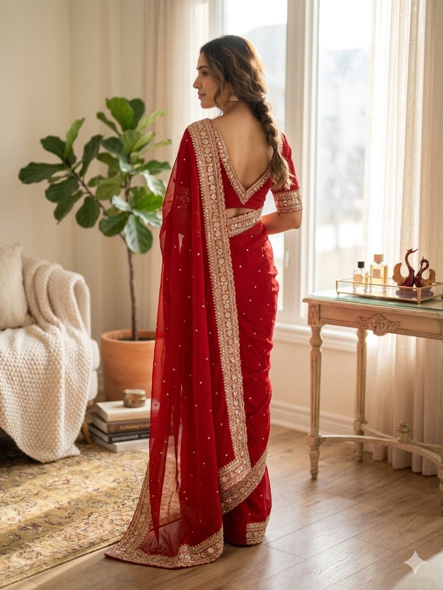 Pure Georgette Sequence Red Saree