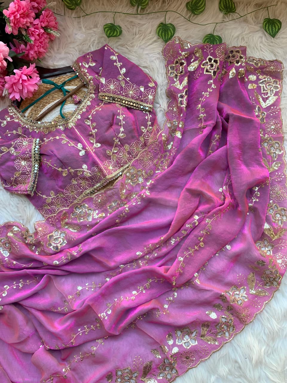 Fendy Chiffon Fabric  Beautiful Embroidery Wedding Saree