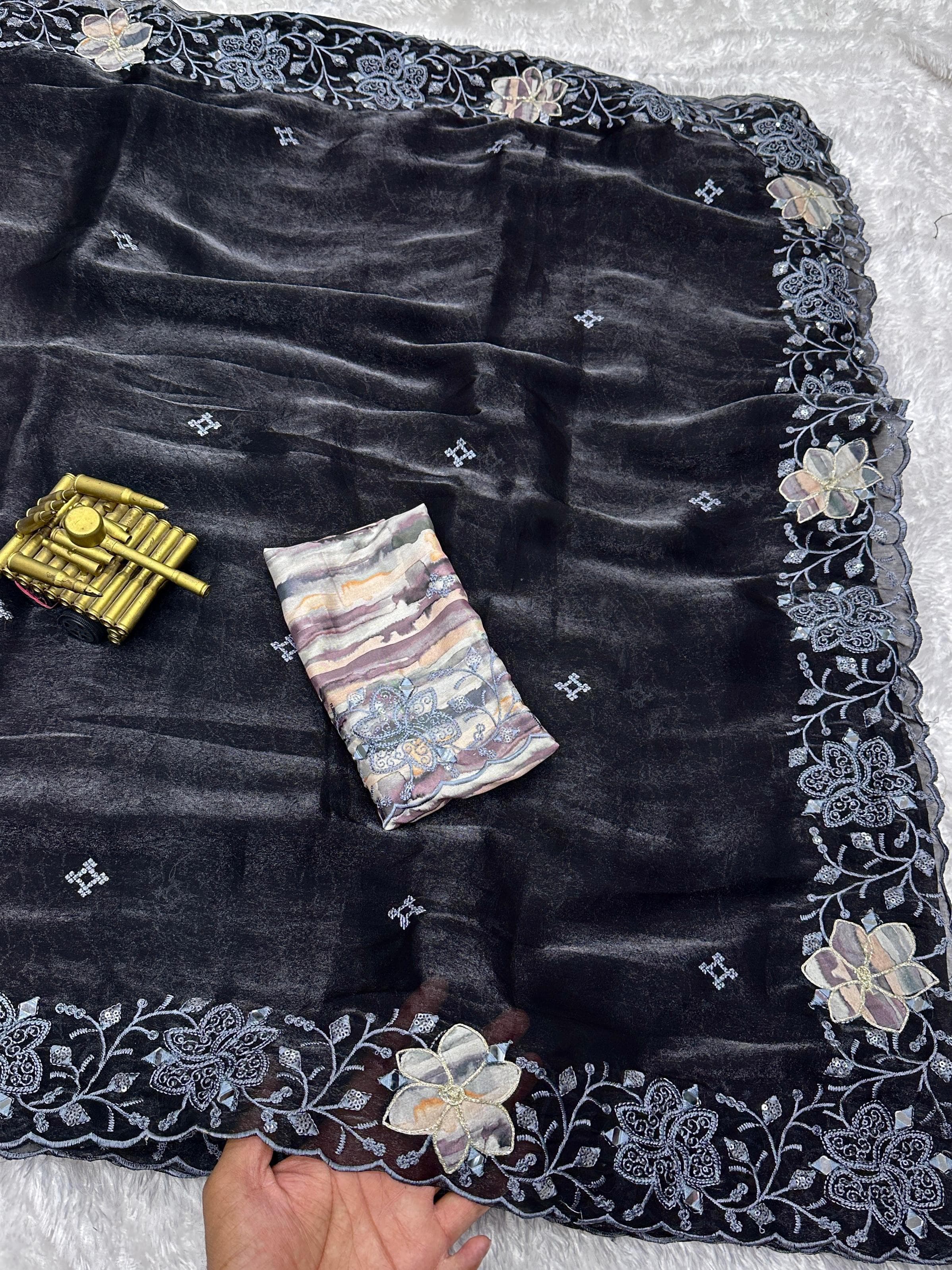 FENDY ORGANZA SATIN BLACK SAREE
