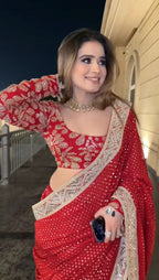 Faux Blooming Georgette Red Saree