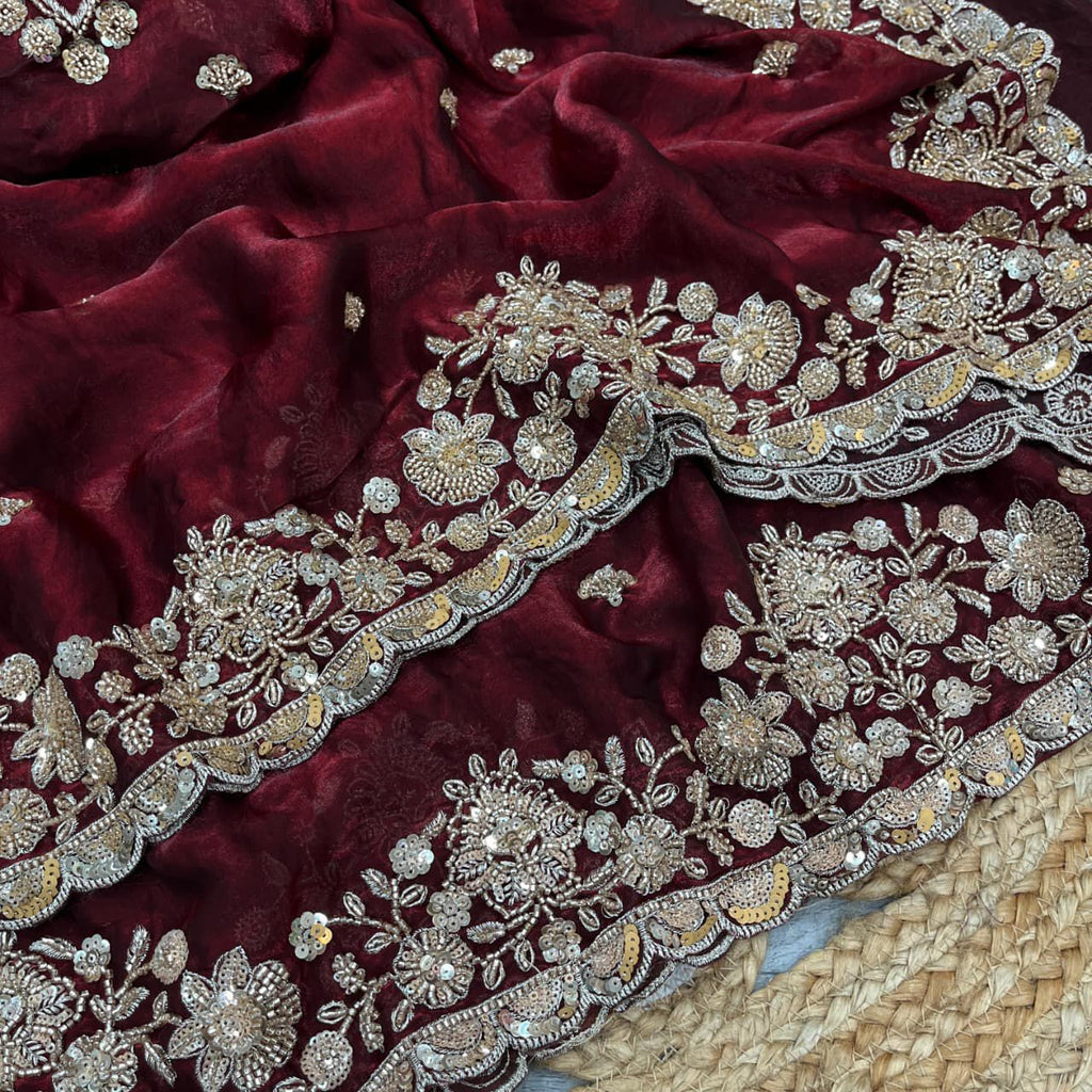 Grand party wear saree in original gold beeds work