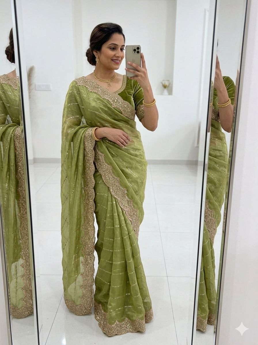 Space Sattin Muti Sequence Emrodairy Work Saree