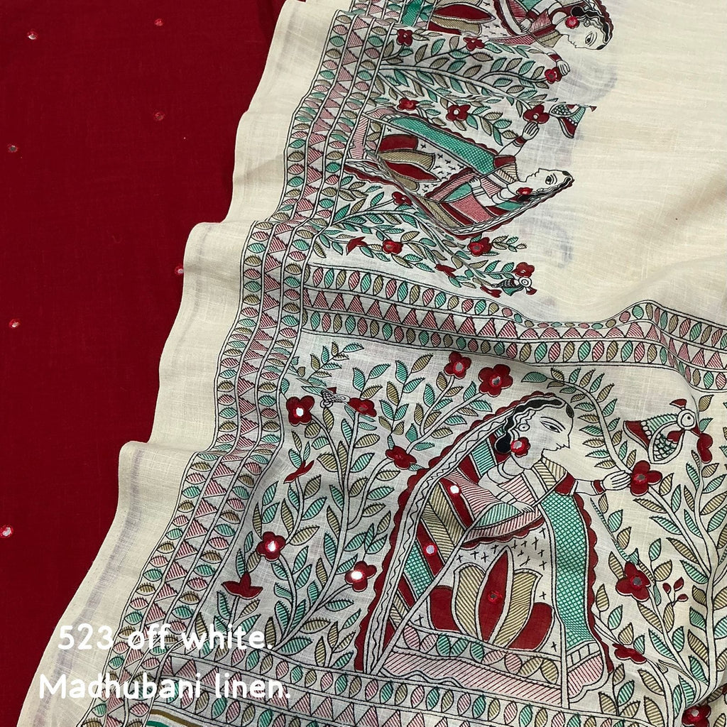 Soft Linen Saree With Madhubani Prints.