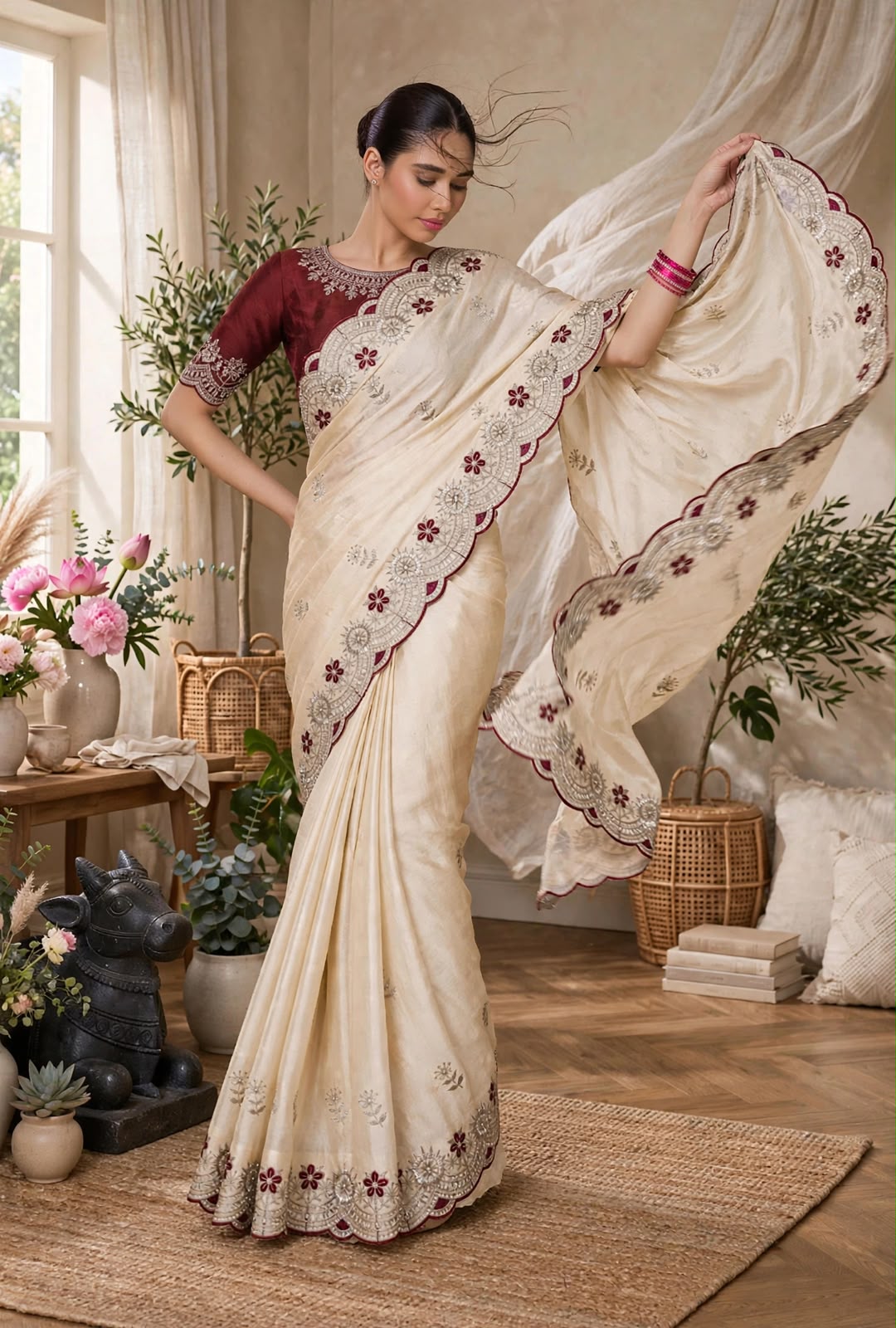 Rangoli Fabric Contrast Embroidery Saree