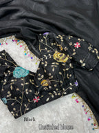 Genz Black Grey Fandy Chiffon Saree