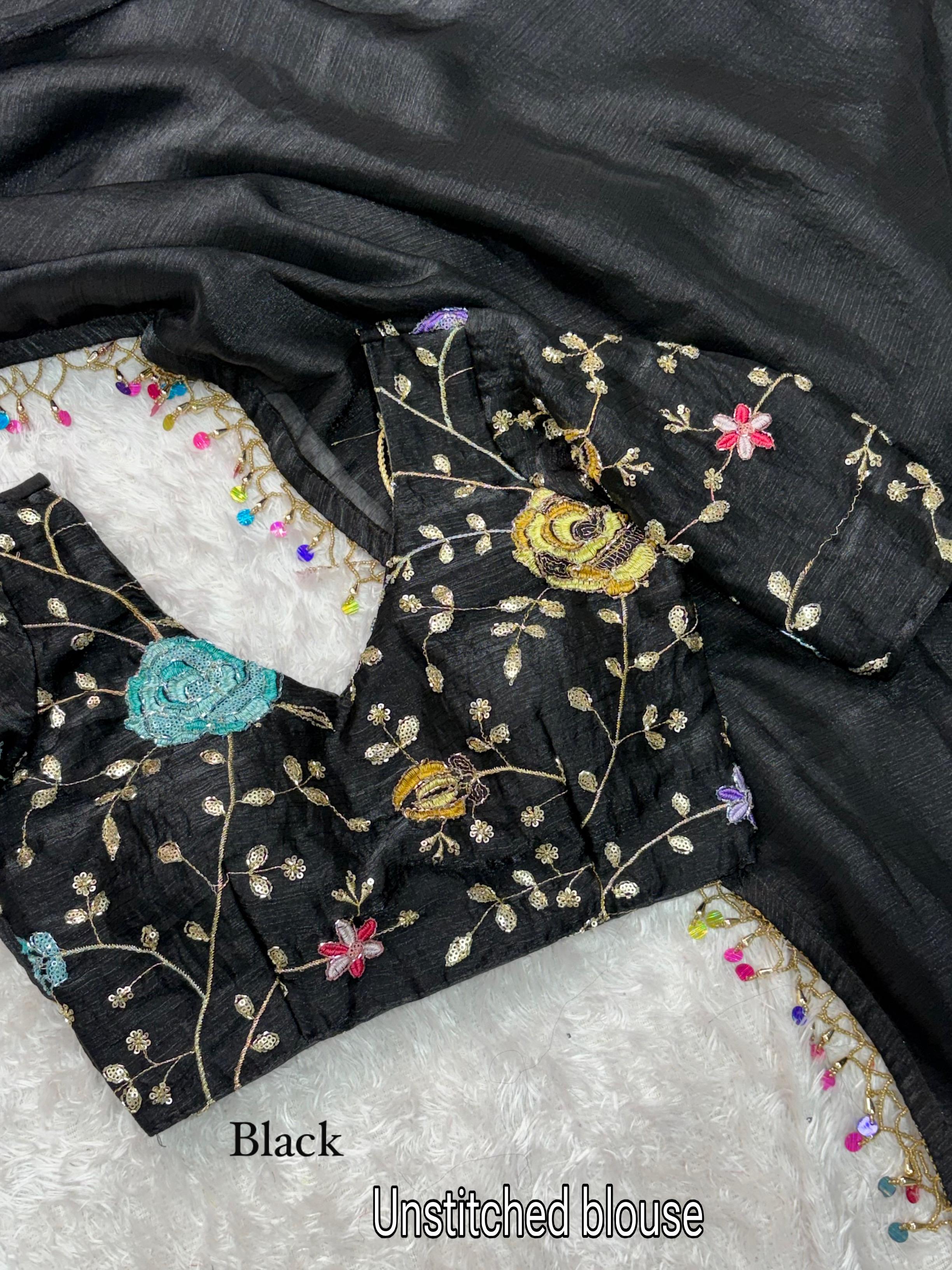Genz Black Grey Fandy Chiffon Saree