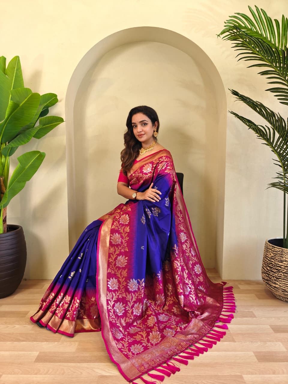 Dual tone silk sarees with all over zari weaves