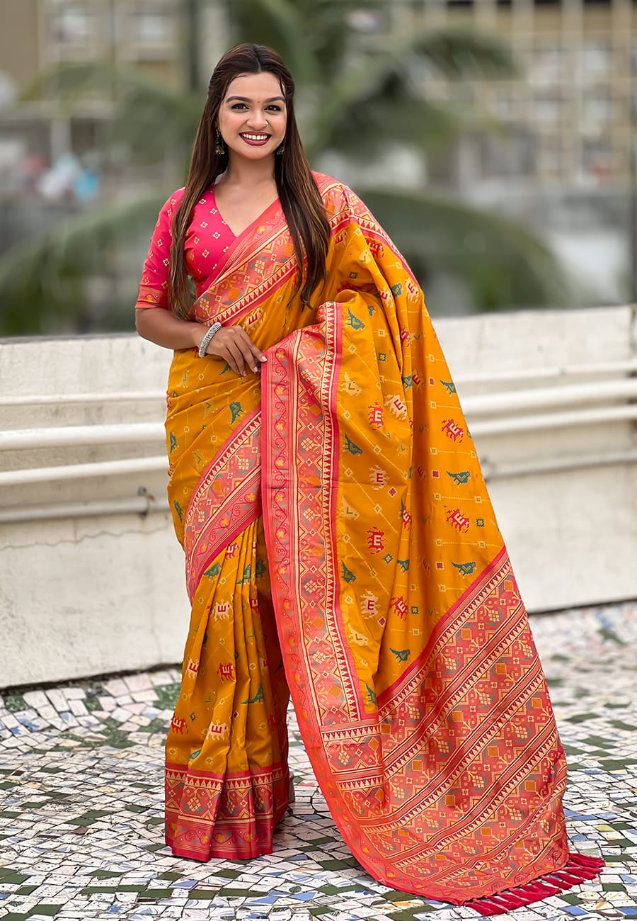 Soft Silk Zari Woven Patola Leheriya Saree with Contrast Weaves