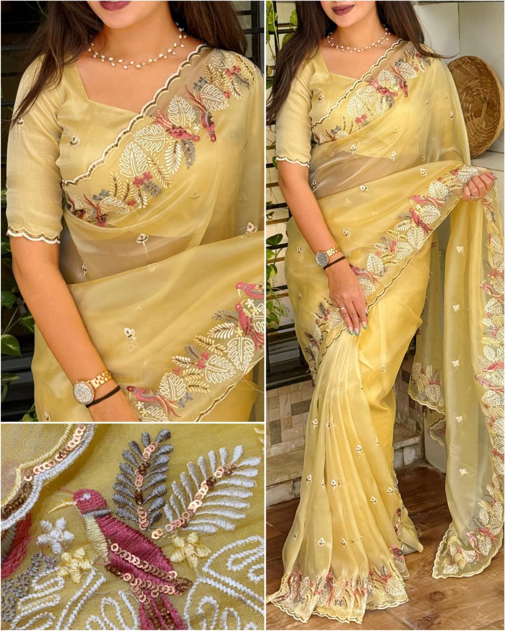 Panchi Leno Net Organza Saree
